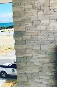 Romano stone cladding used as feature pillar in Perth home.